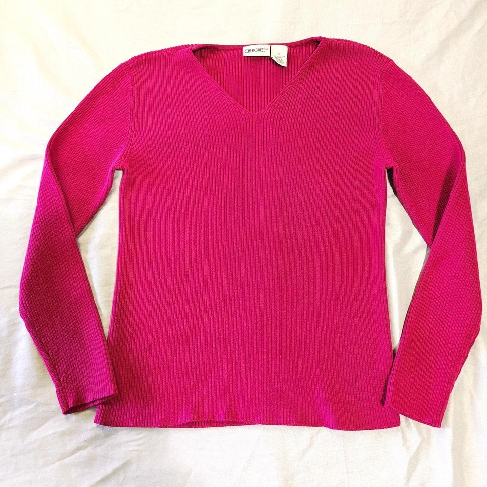 Vintage 90s Y2K Cherokee 100% Cotton Ribbed V-Neck Sweater - Hot Pink - Size S